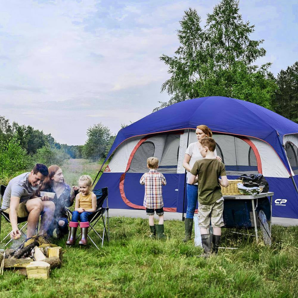 Outdoor Double Layer 14 Ft. X 9 Ft. X 82 In. 9-Person Blue Fabric Camping Tent with 2 Room and Mesh Windows
