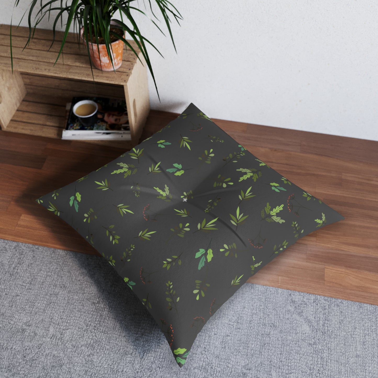 Square Floor Pillow - Green Leaves Design