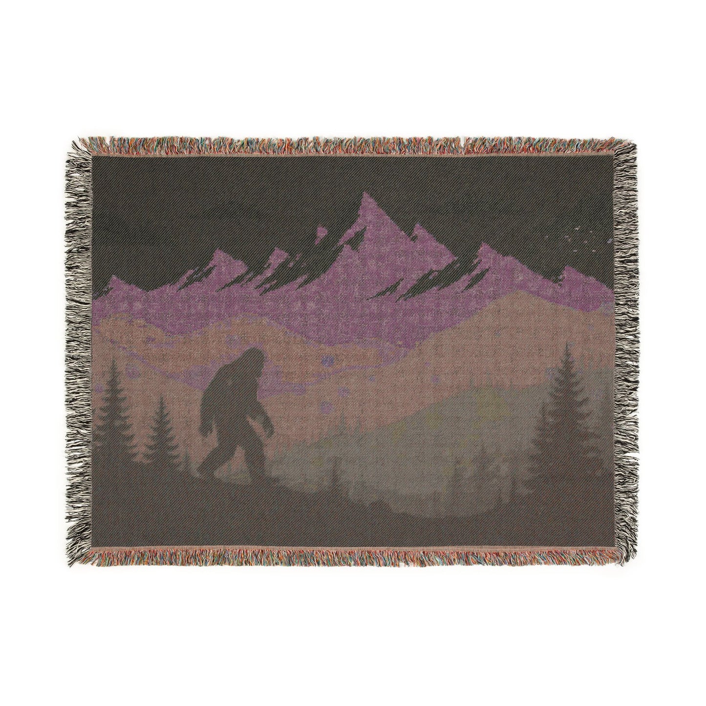 Bigfoot Mountain Woven Blanket — Sasquatch Scenic Throw for Camping & Cabin Décor