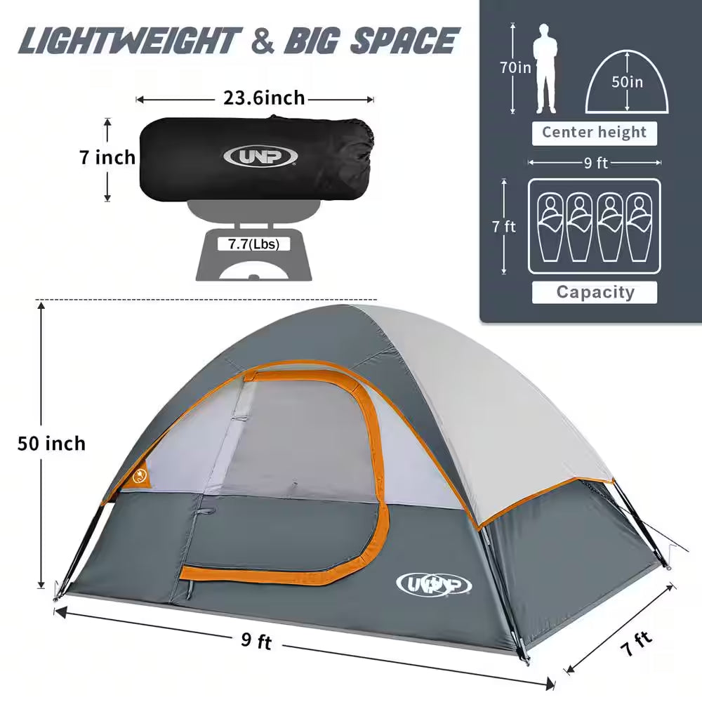 Gray 4-Person Camping Tents, Waterproof Windproof Tent with Rainfly Easy Set Up-Portable Dome Tents for Camping