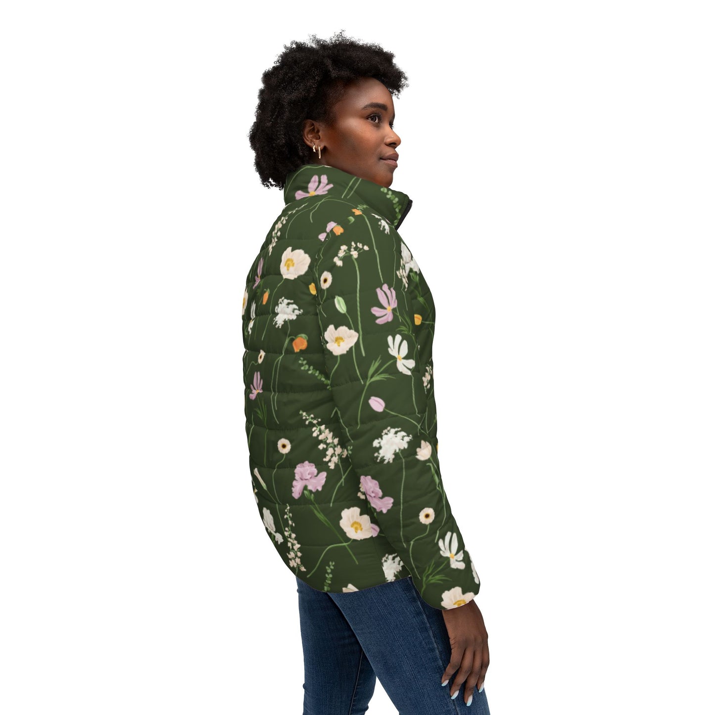 Army Green Flowers Puffer Jacket