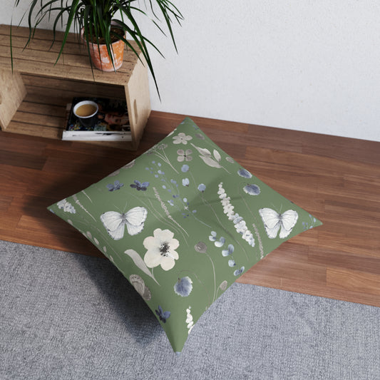 Mossy Green Tufted Floor Pillow, Square