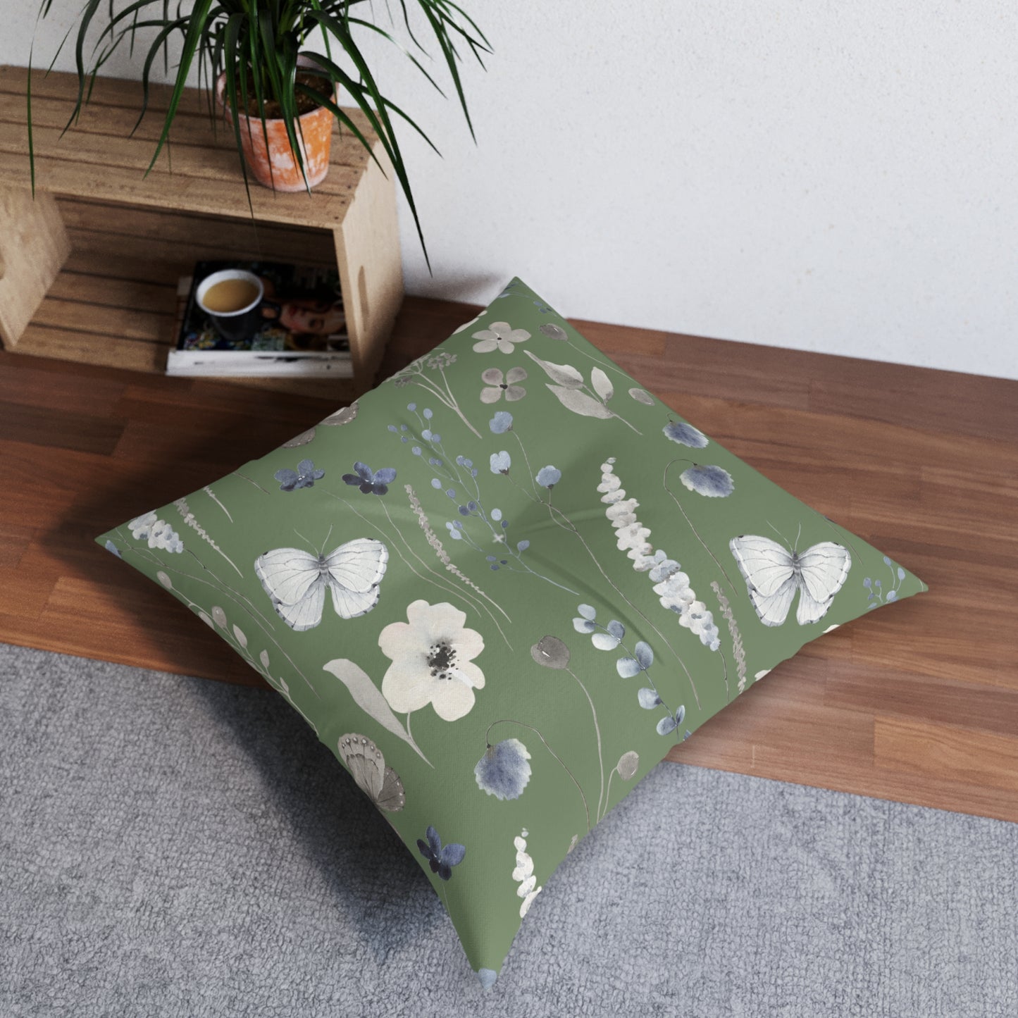 Mossy Green Tufted Floor Pillow, Square
