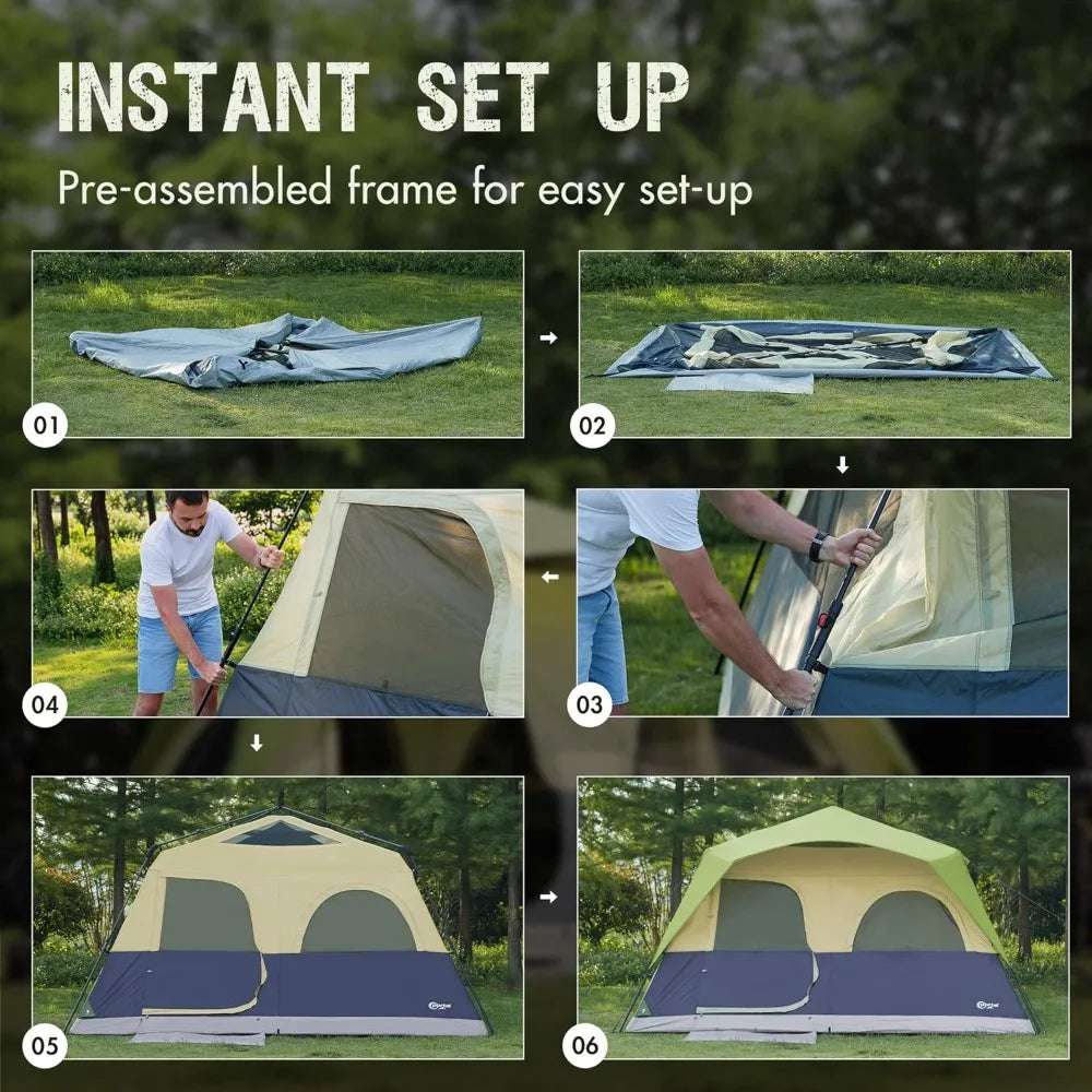 Camping Tent, 8 Person, Instant Set Up, Large Water Resistant with 5 Large Mesh Windows, Rainfly, Carry