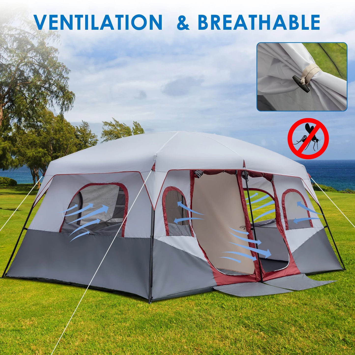 10 Person Family Cabin Tent, 2 Room with Storage Pockets for Camping Accessories