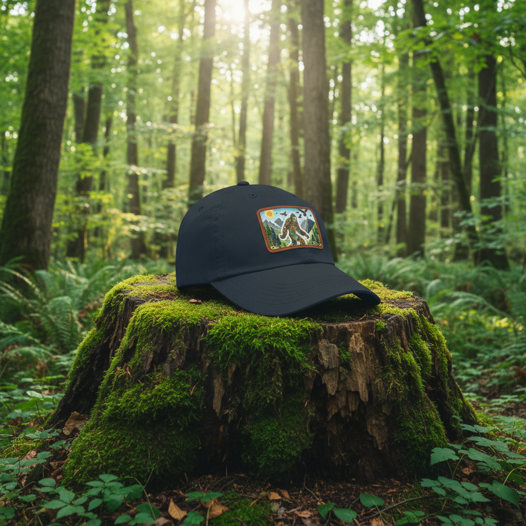 Navy blue cap with a colorful patch featuring a Sasquatch in a forest design on a white background.