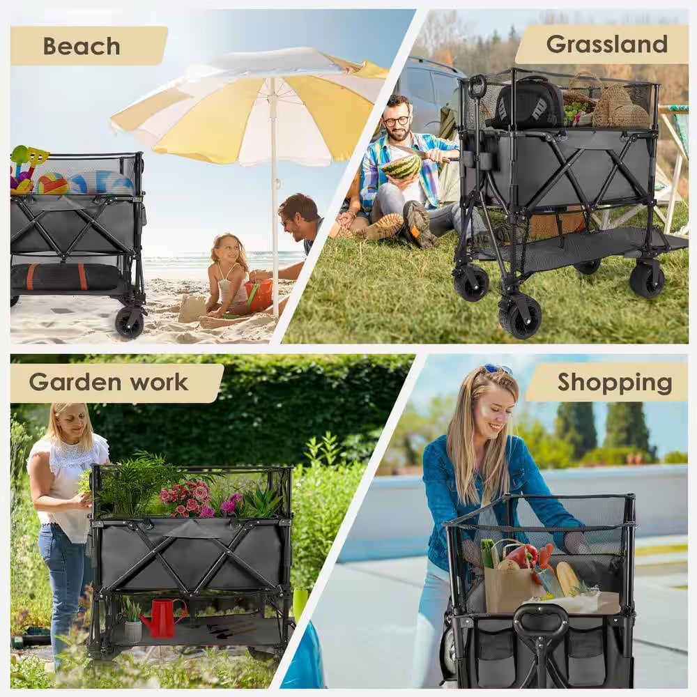 20 Cu. Ft. Black Metal Garden Cart Double Decker Wagon Cart with Wheels Foldable, 550L Large Capacity Collapsible Wagon