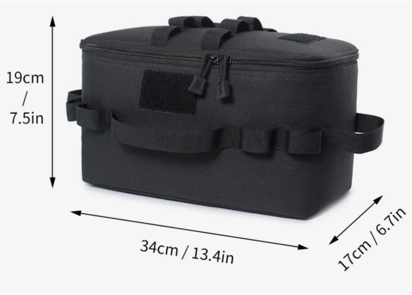 Black bag with dimensions indicated on a white background