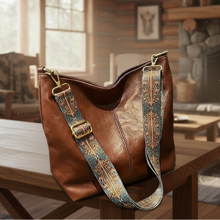 Brown leather handbag with a decorative strap on a neutral background