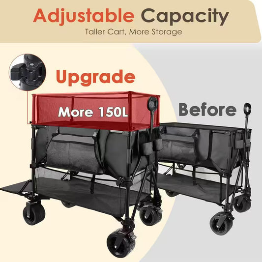 20 Cu. Ft. Black Metal Garden Cart Double Decker Wagon Cart with Wheels Foldable, 550L Large Capacity Collapsible Wagon