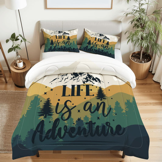 Bedding set with 'Life is an Adventure' design in a bedroom setting.