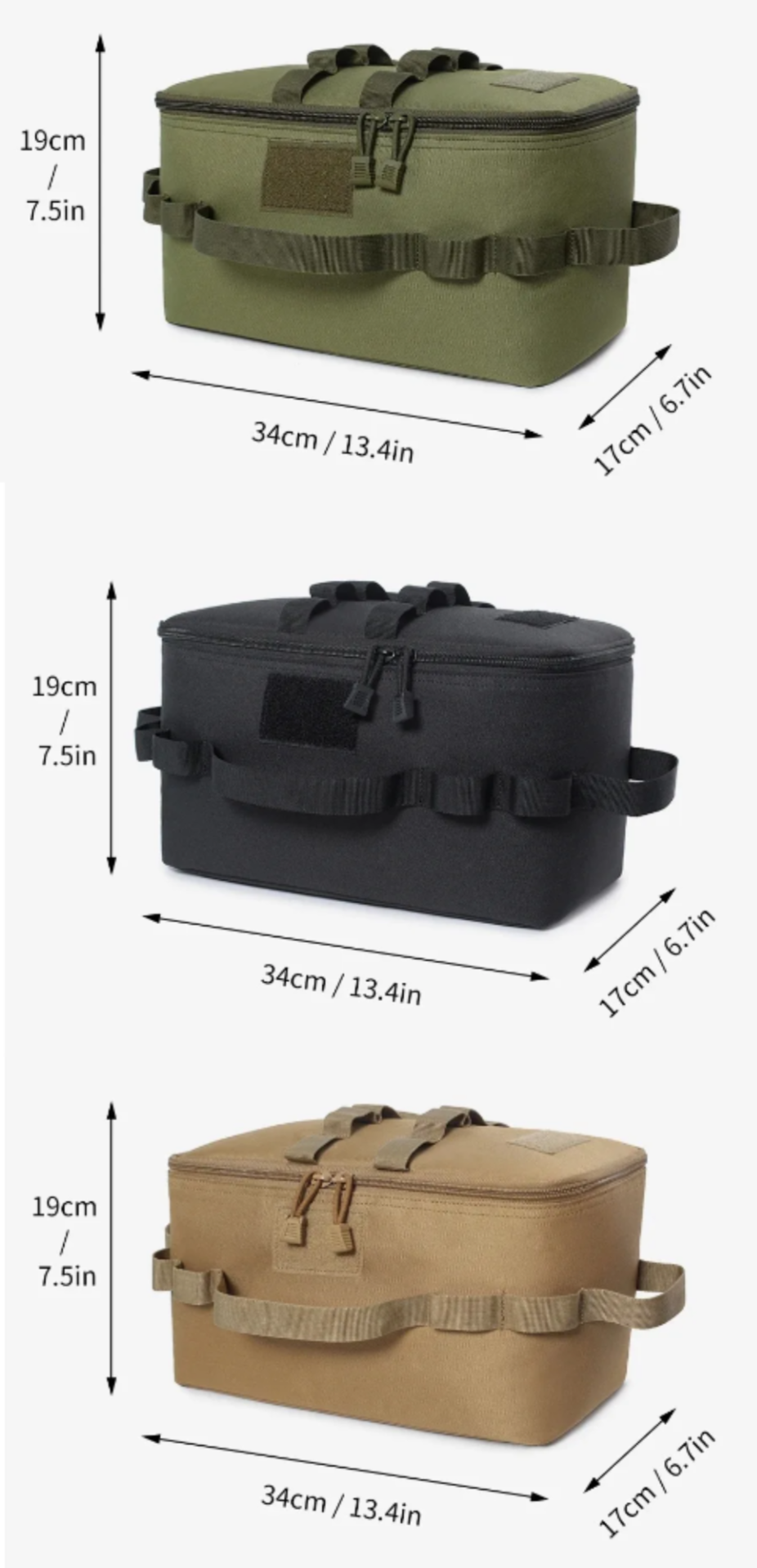 Three tactical bags in green, black, and brown with measurements on a white background