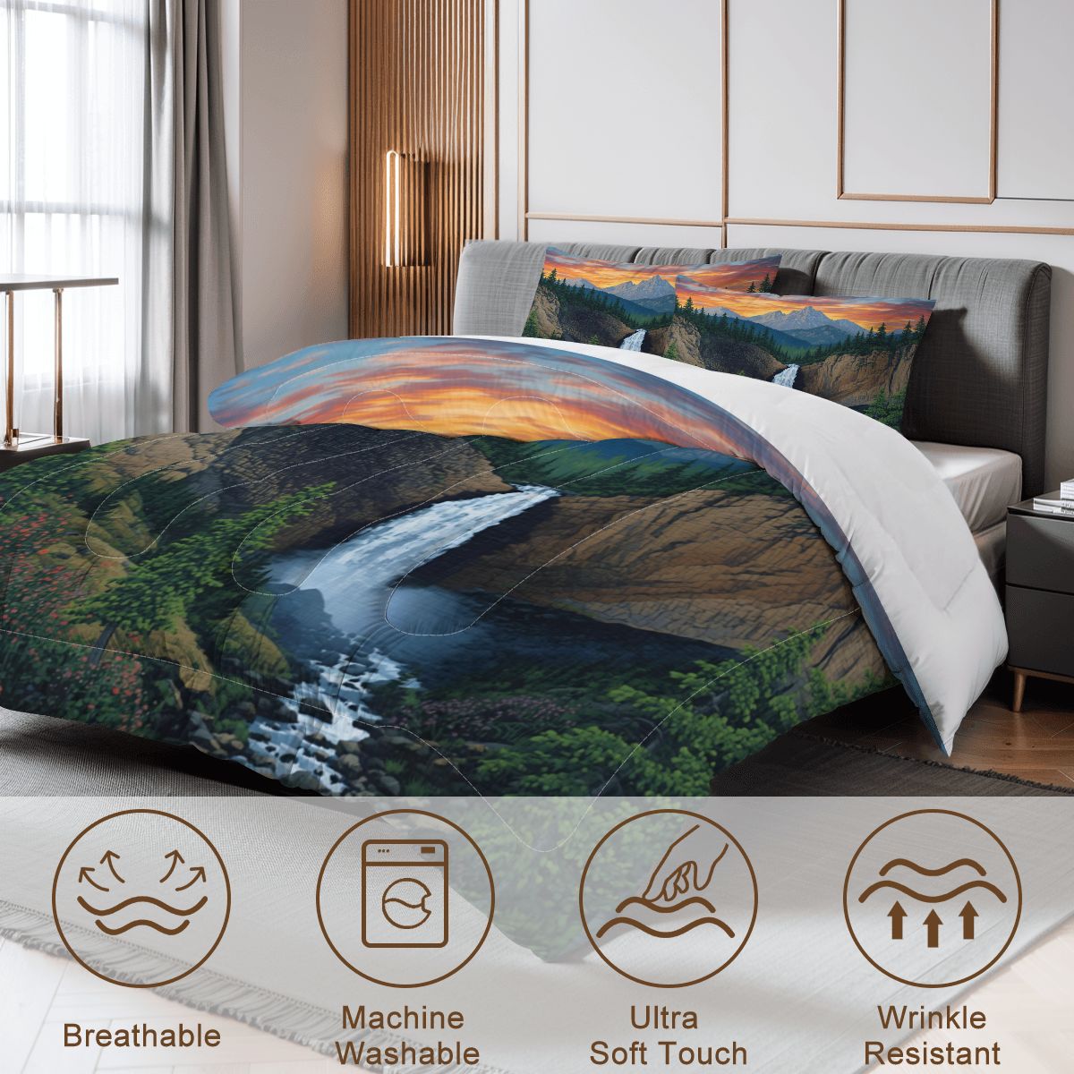 Mountain Waterfall Queen Comforter Set - 3 PCS Set