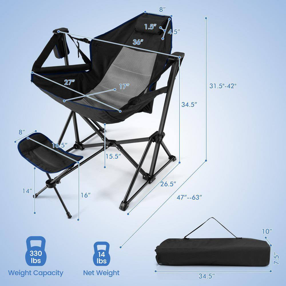 Hammock Camping Chair with Retractable Footrest and Carrying Bag for Camping Picnic Black
