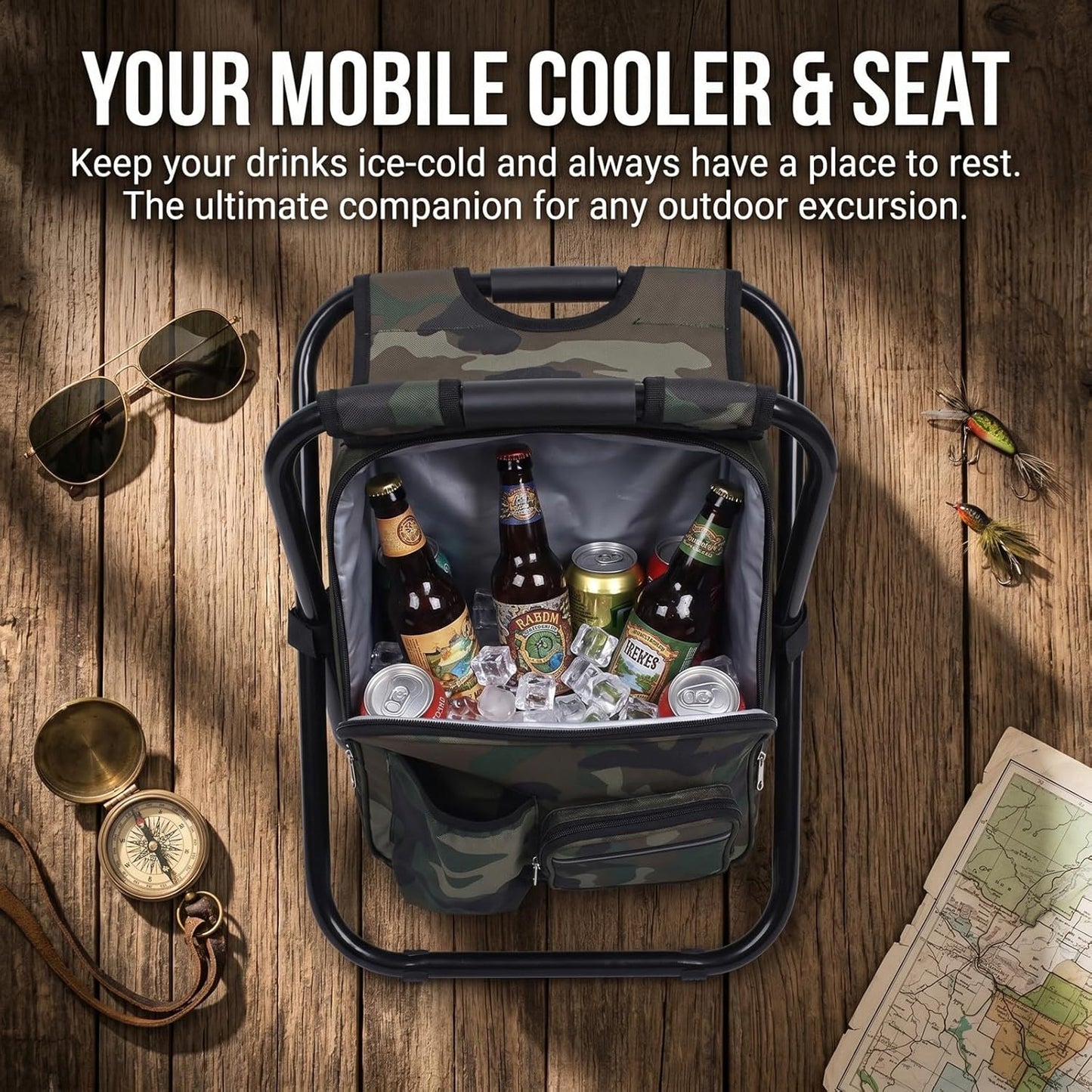 INBESK Folding Camping Chair Stool Backpack, with Cooler Insulated Picnic Bag, Hiking Camo Ultralight Seat Table Bag Camping Gear for Outdoor Indoor Fishing Travel Beach BBQ (Camouflage)