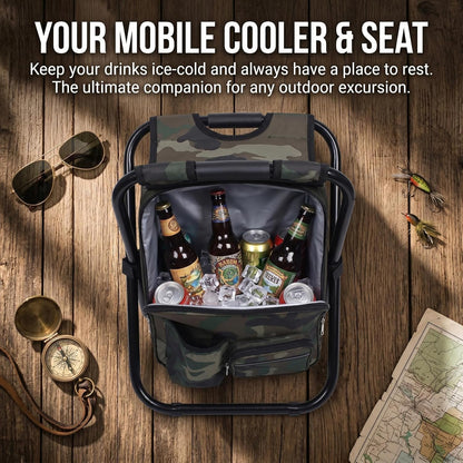 INBESK Folding Camping Chair Stool Backpack, with Cooler Insulated Picnic Bag, Hiking Camo Ultralight Seat Table Bag Camping Gear for Outdoor Indoor Fishing Travel Beach BBQ (Camouflage)