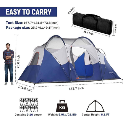 HIKERGARDEN - 10-Person Camping Tents, Portable Easy Set up Family Tent Windproof Fabric Dome Tent in Blue