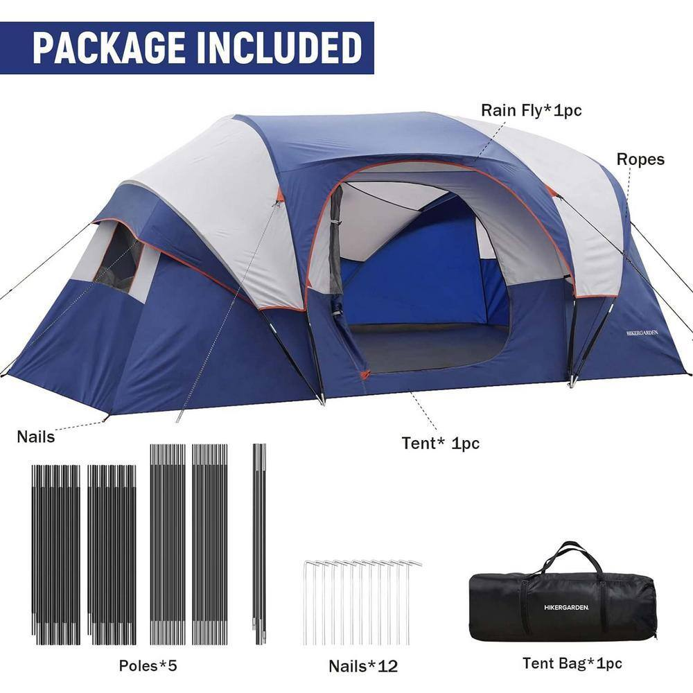 HIKERGARDEN - 10-Person Camping Tents, Portable Easy Set up Family Tent Windproof Fabric Dome Tent in Blue