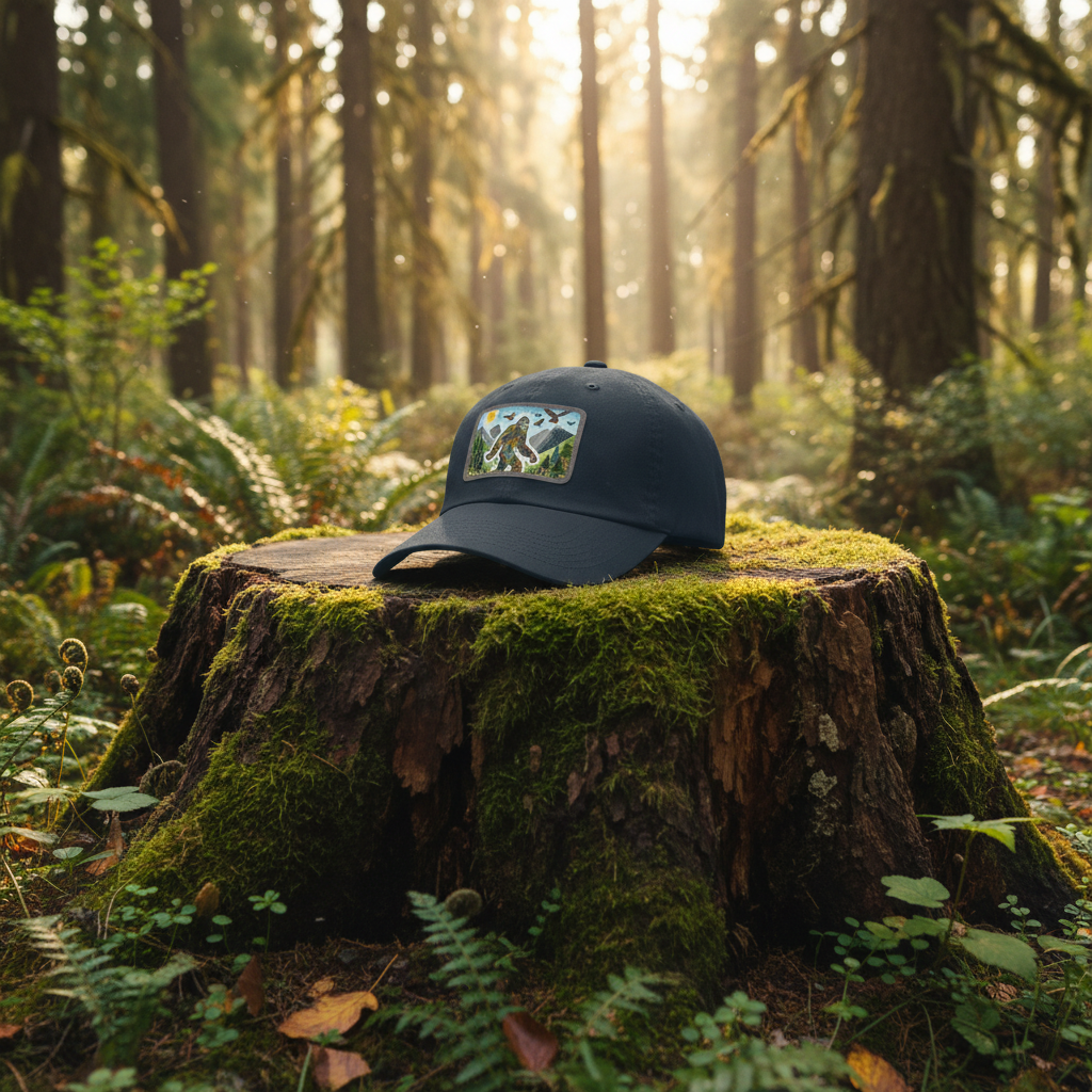 Navy blue cap with a colorful patch featuring a Sasquatch in a forest design on a white background.