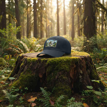 Navy blue cap with a colorful patch featuring a Sasquatch in a forest design on a white background.