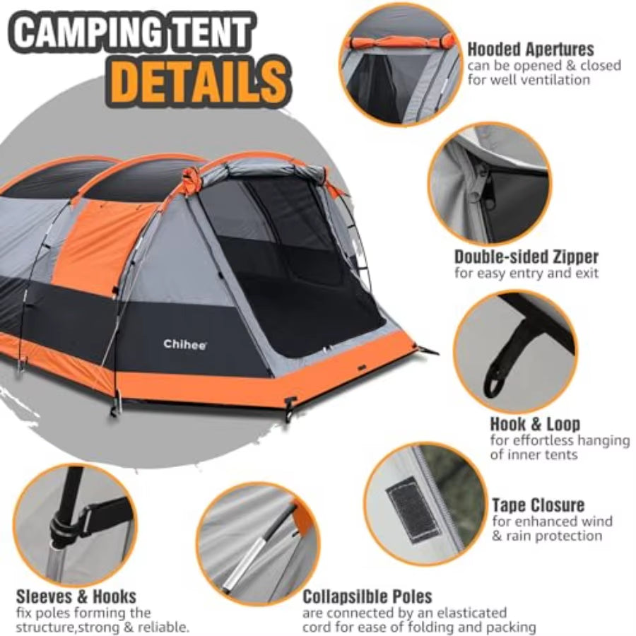 Camping Tents Tunnel Tent 4 Person Family Tents with 2 Doors Extra Weatherproof Outdoor Shelter 4 Seasons Tents with Double Wat