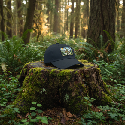 Navy blue cap with a colorful patch featuring a Sasquatch in a forest design on a white background.