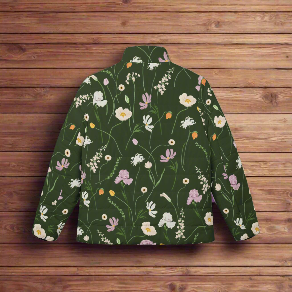 Army Green Flowers Puffer Jacket