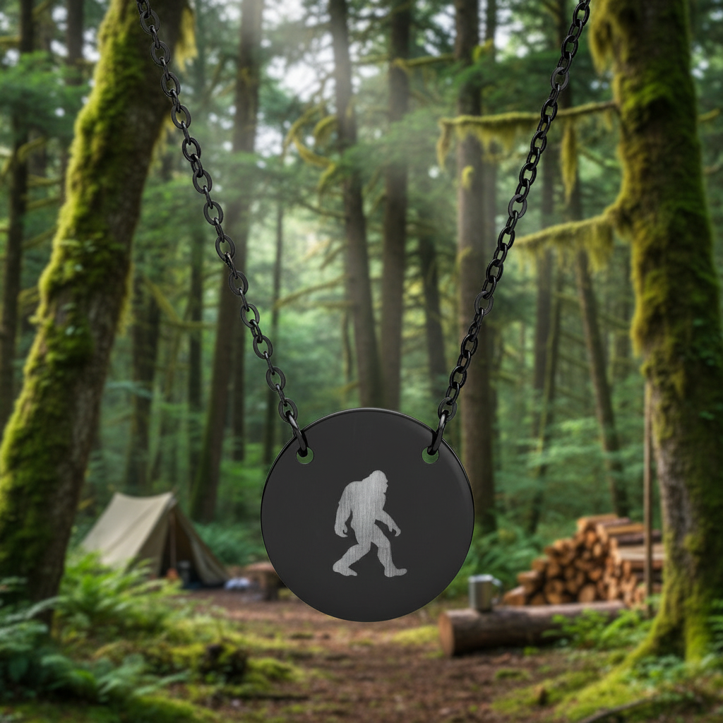 Black necklace with a round pendant featuring a silhouette of a person, on a white background