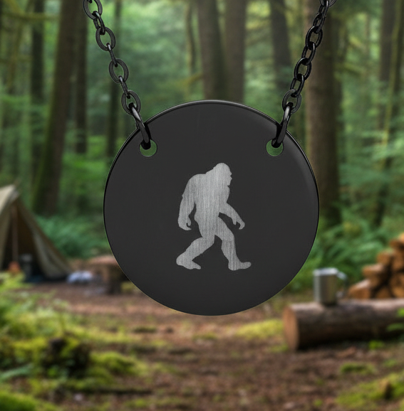 Bigfoot Circle Necklace — Engraved Sasquatch Pendant Necklace