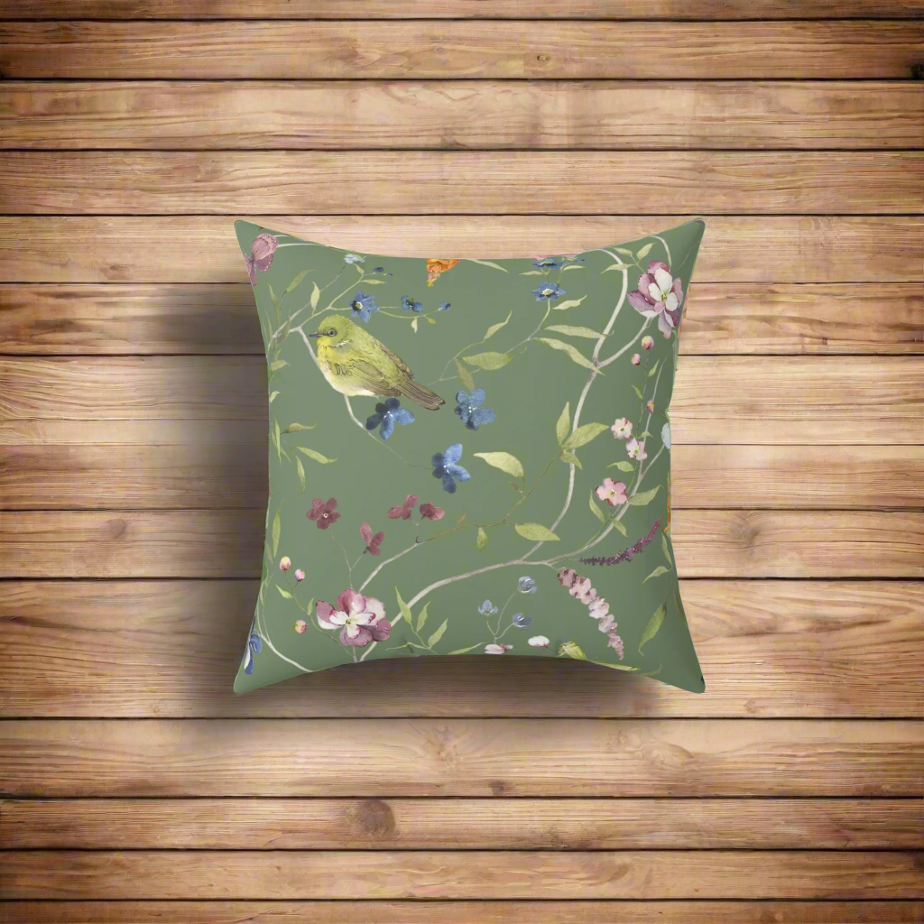 Green Bird Spun Polyester Square Pillow