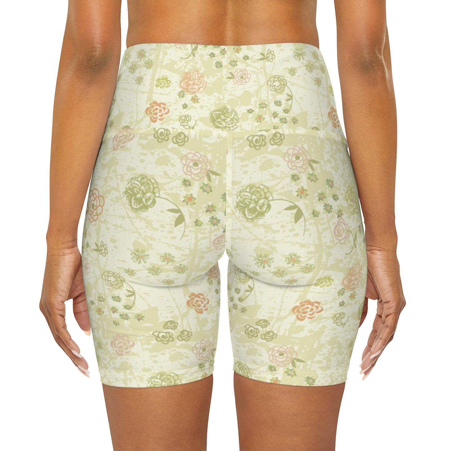 Yellow Floral High Waisted Yoga Shorts