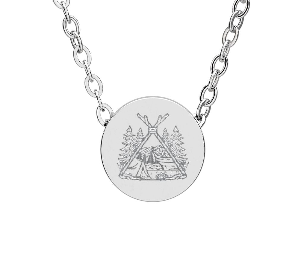 Silver necklace with a round pendant on a white background