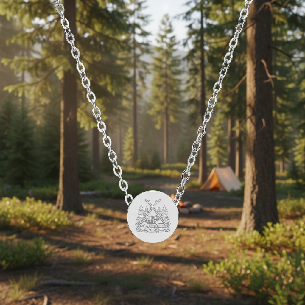 Silver necklace with a round pendant on a white background