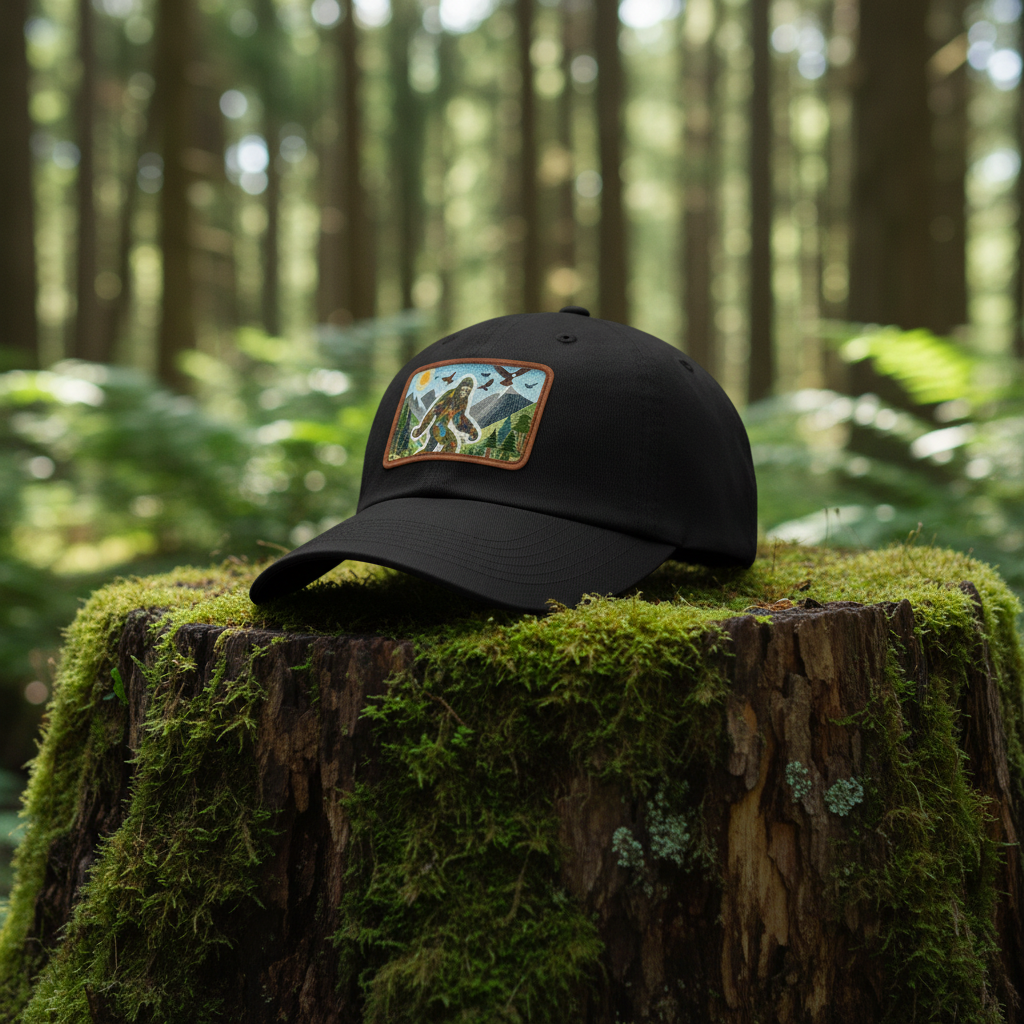 Black cap with a colorful patch featuring a Sasquatch design on a white background