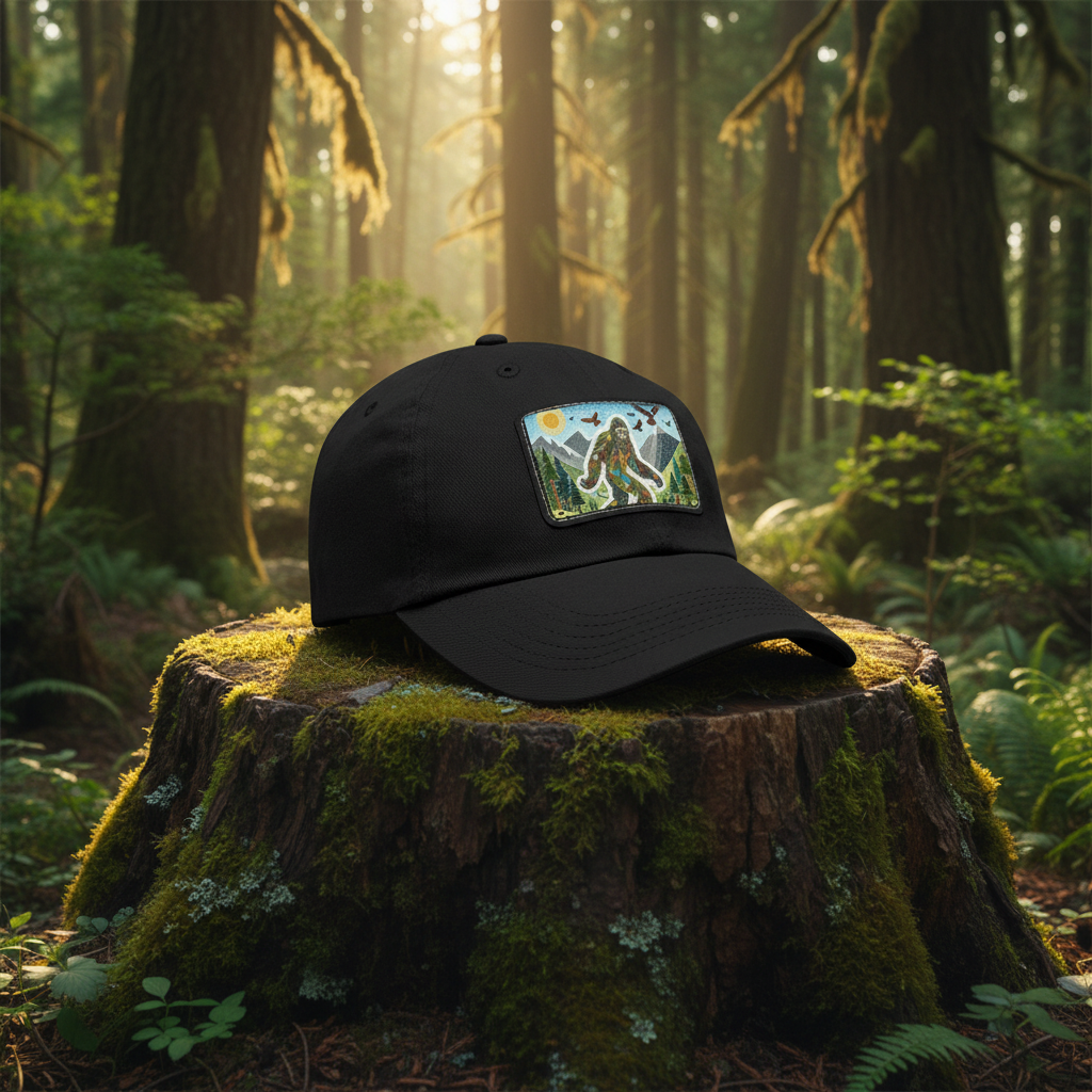 Black cap with a colorful patch featuring a Sasquatch in a forest design on a white background.