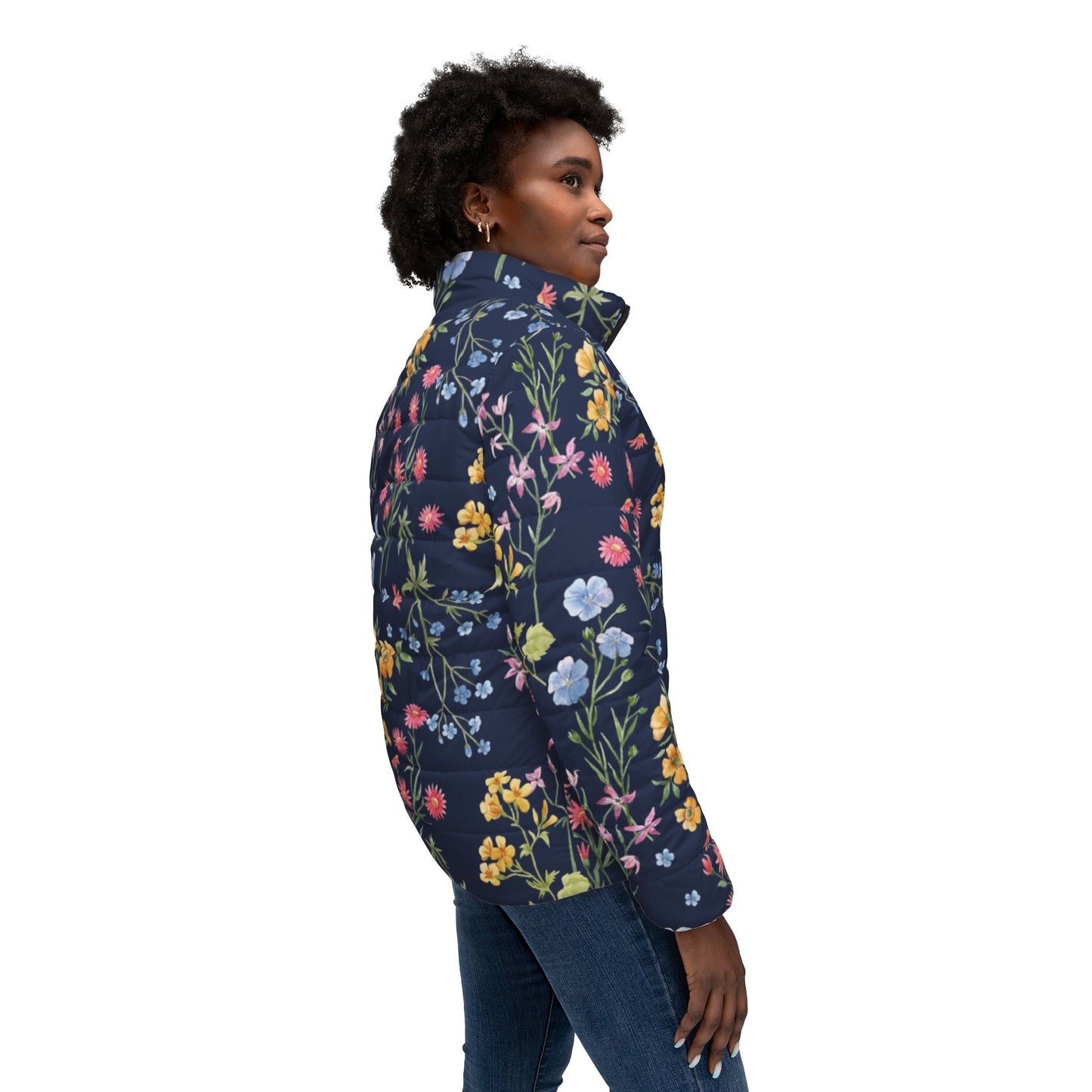 Royal Blue Flowers Puffer Jacket