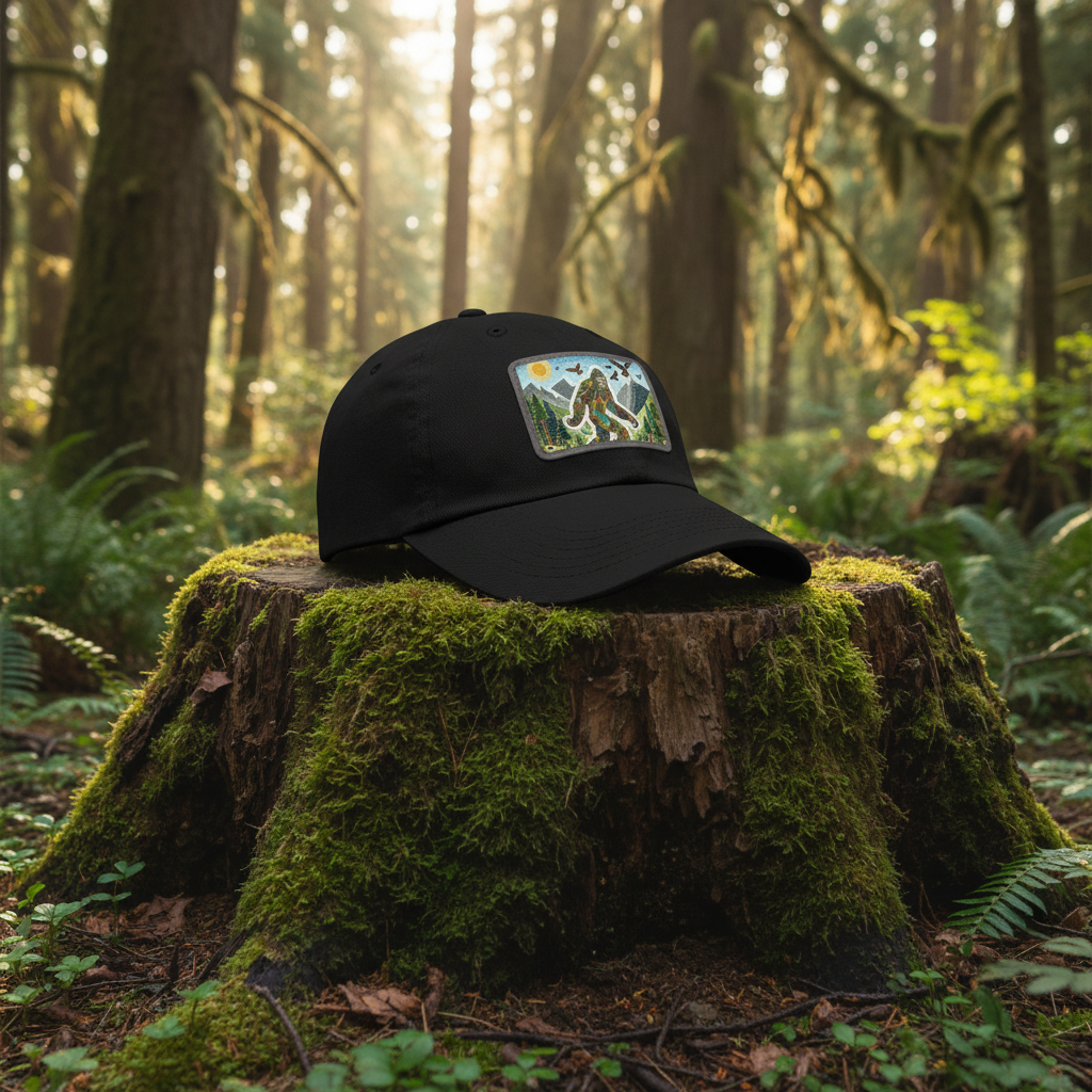 Black cap with a colorful patch featuring a Sasquatch-like creature in a forest.