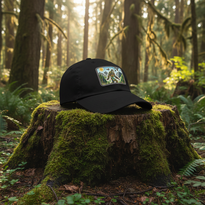 Black cap with a colorful patch featuring a Sasquatch-like creature in a forest.