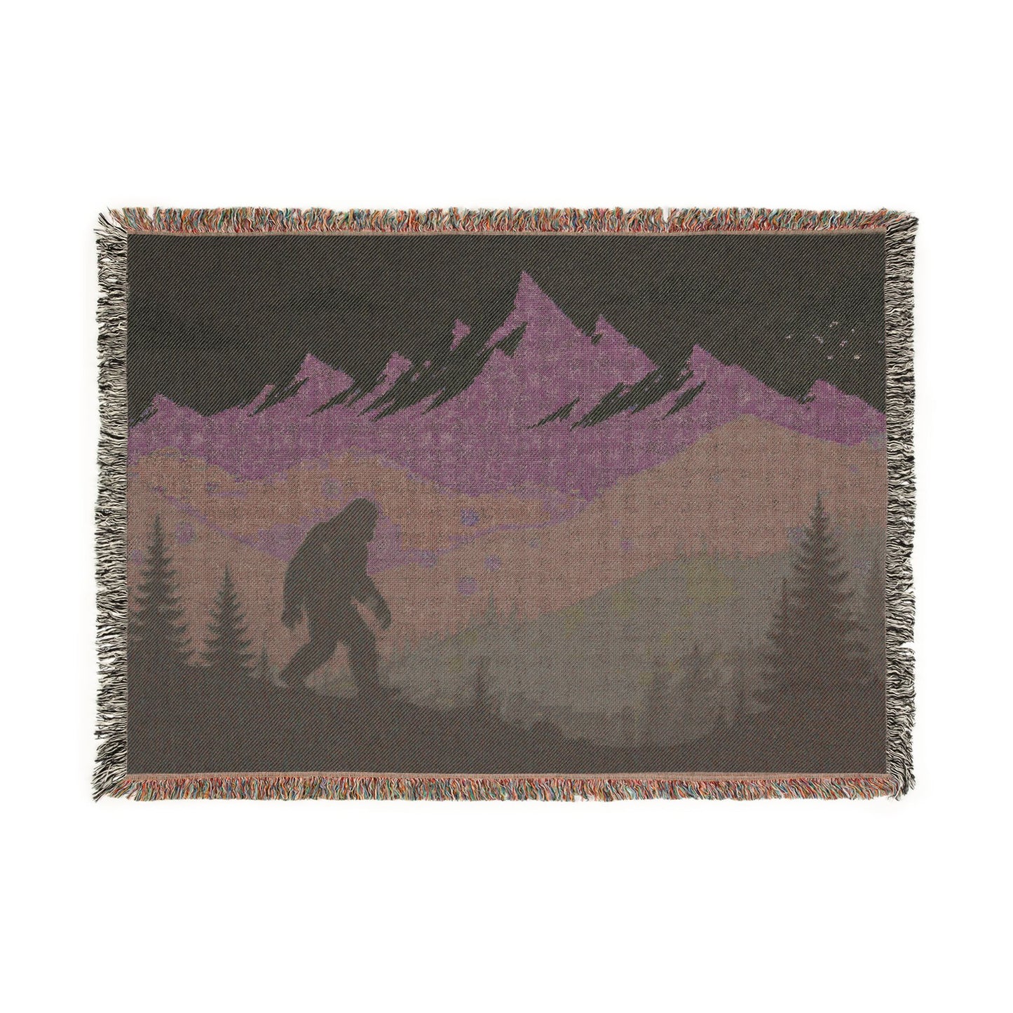 Bigfoot Mountain Woven Blanket — Sasquatch Scenic Throw for Camping & Cabin Décor