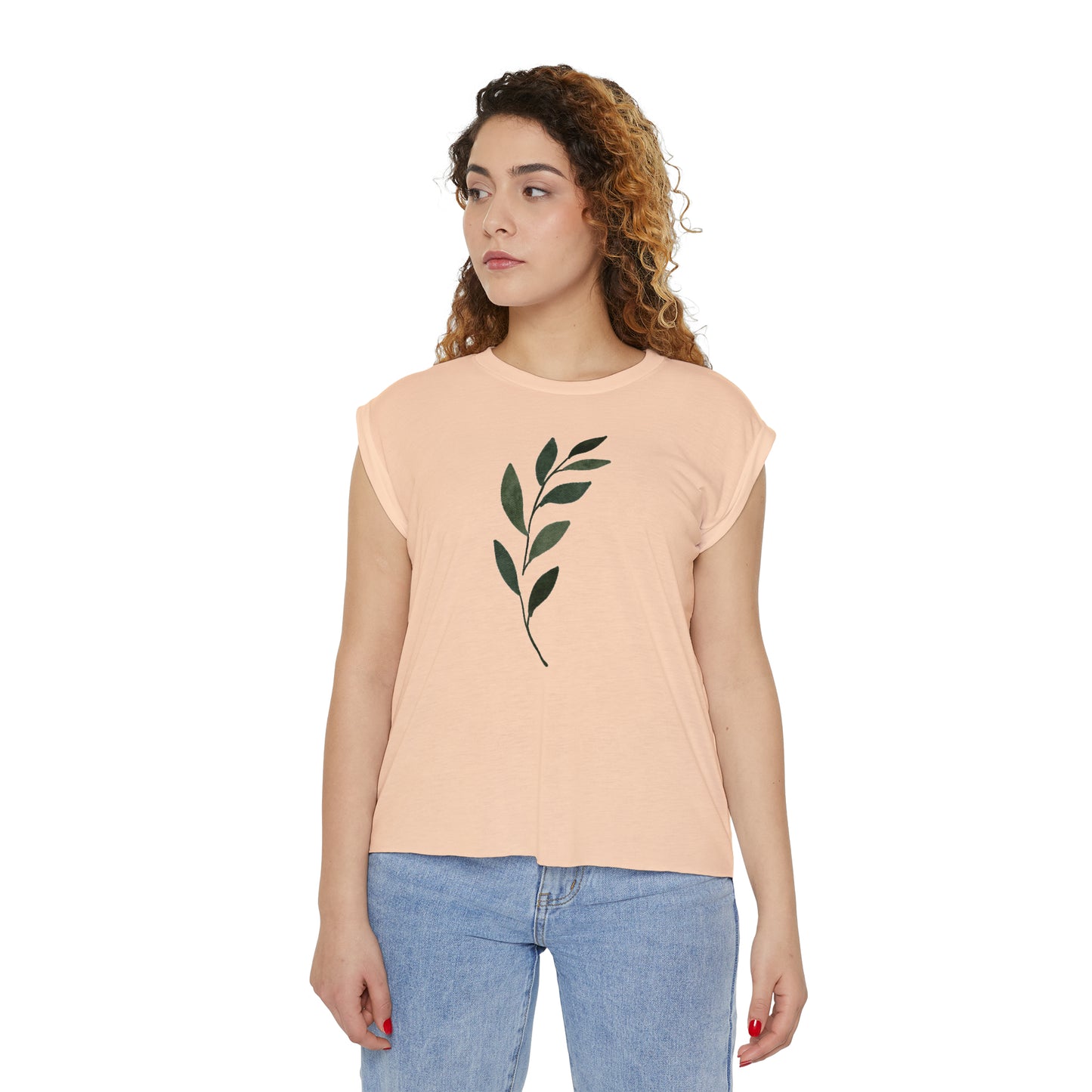 Green Leaf Women’s Flowy Rolled Cuffs Muscle Tee