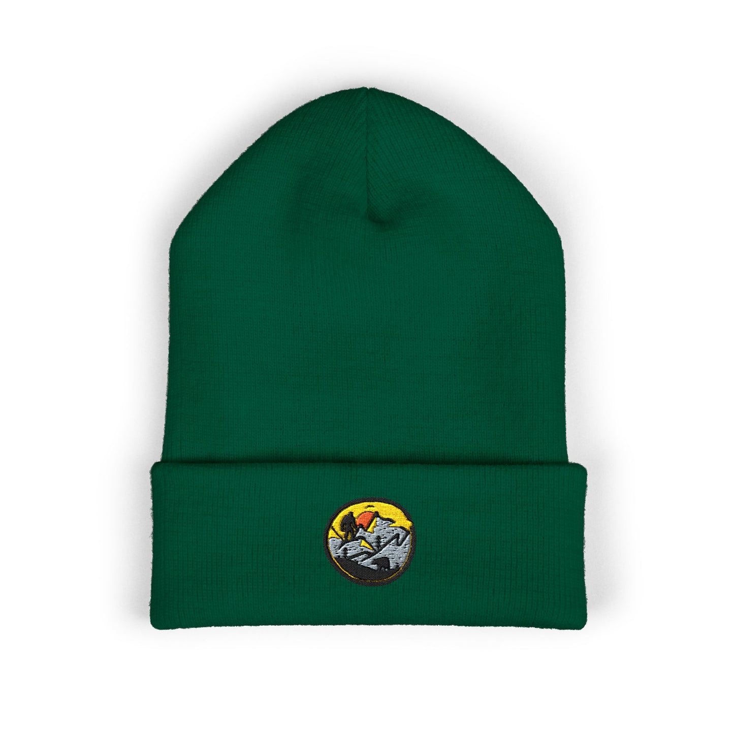 Bigfoot Mountain Embroidered Sunset Beanie — Classic Cuffed Knit Hat