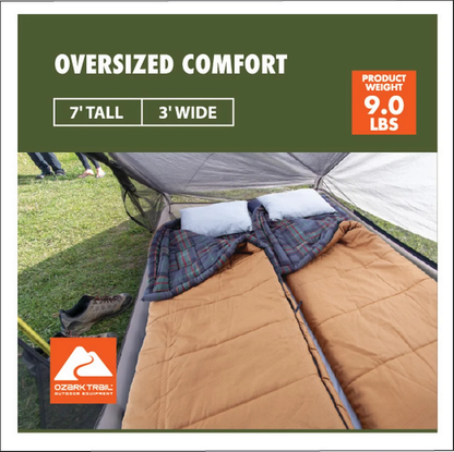 Ozark Trail 15 Degree Cold Weather Rectangle Canvas Sleeping Bag, 84”X36”, Tan