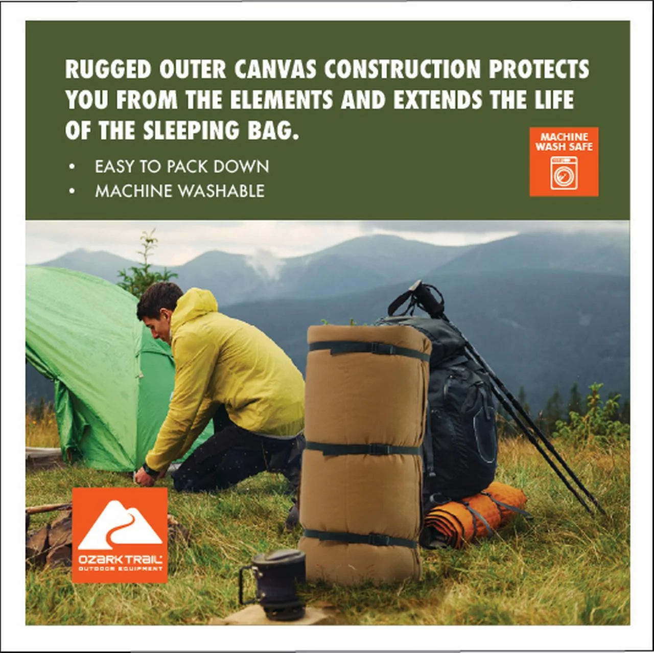 Ozark Trail 15 Degree Cold Weather Rectangle Canvas Sleeping Bag, 84”X36”, Tan