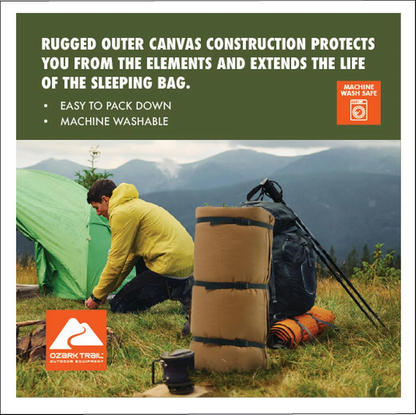 Ozark Trail 15 Degree Cold Weather Rectangle Canvas Sleeping Bag, 84”X36”, Tan