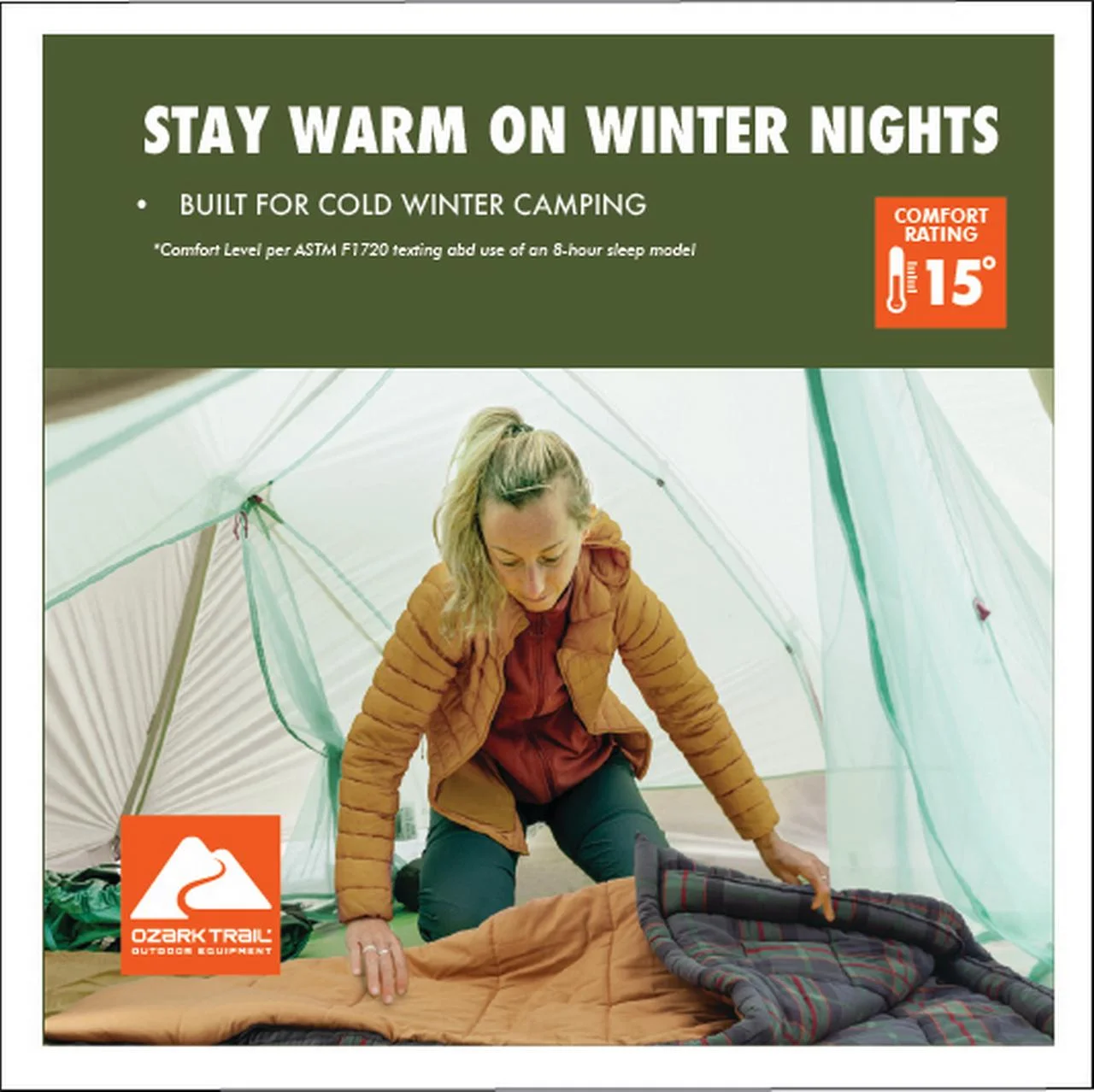 Ozark Trail 15 Degree Cold Weather Rectangle Canvas Sleeping Bag, 84”X36”, Tan