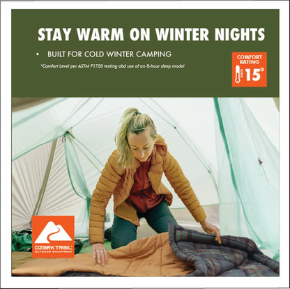 Ozark Trail 15 Degree Cold Weather Rectangle Canvas Sleeping Bag, 84”X36”, Tan
