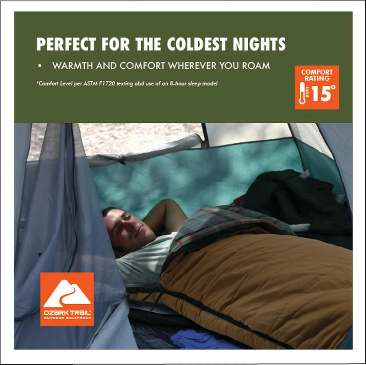 Ozark Trail 15 Degree Cold Weather Rectangle Canvas Sleeping Bag, 84”X36”, Tan