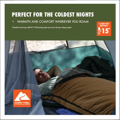 Ozark Trail 15 Degree Cold Weather Rectangle Canvas Sleeping Bag, 84”X36”, Tan