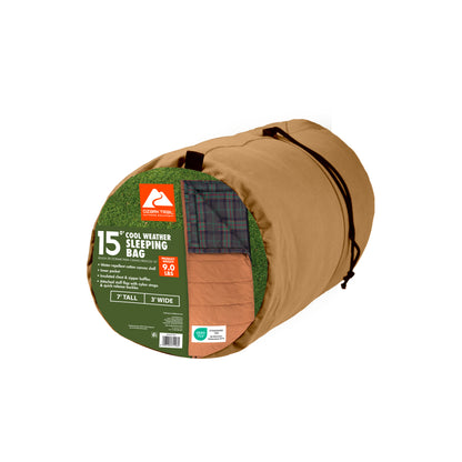 Ozark Trail 15 Degree Cold Weather Rectangle Canvas Sleeping Bag, 84”X36”, Tan