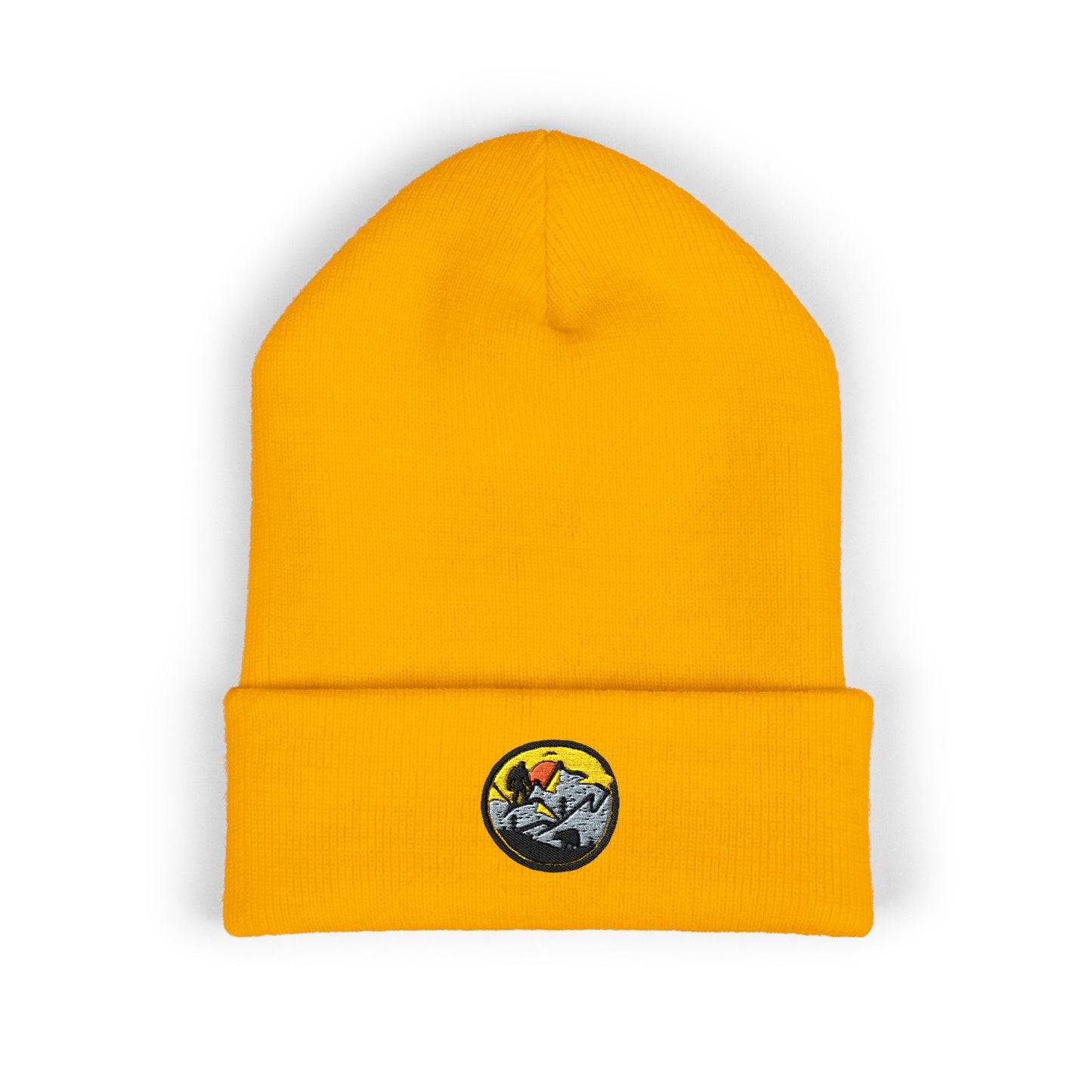 Bigfoot Mountain Embroidered Sunset Beanie — Classic Cuffed Knit Hat